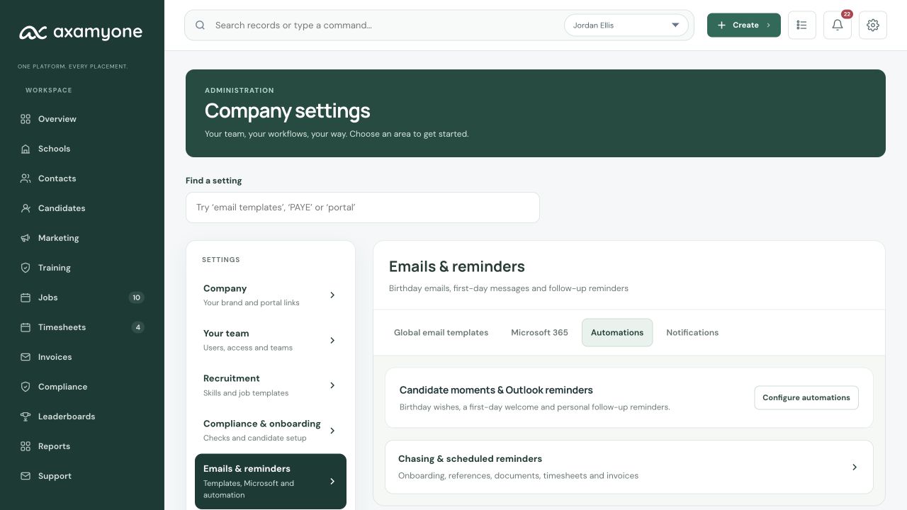Company Automations overview and configuration entry points in the fictional education demo