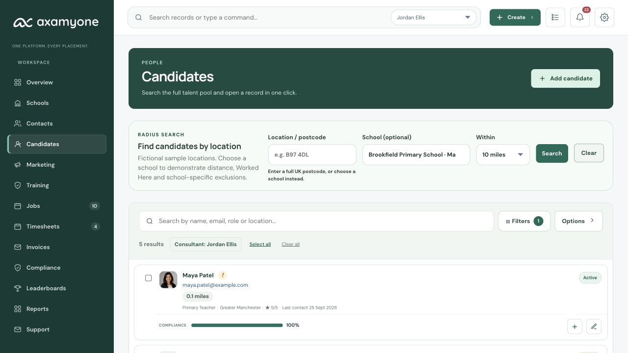 Candidate search and School radius controls in the fictional education demo