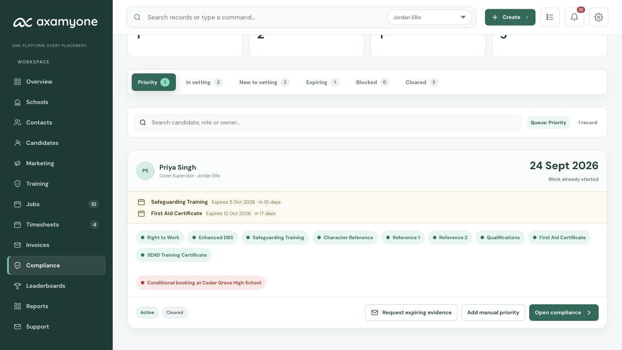 Priority Compliance view with outstanding checks in the fictional education demo