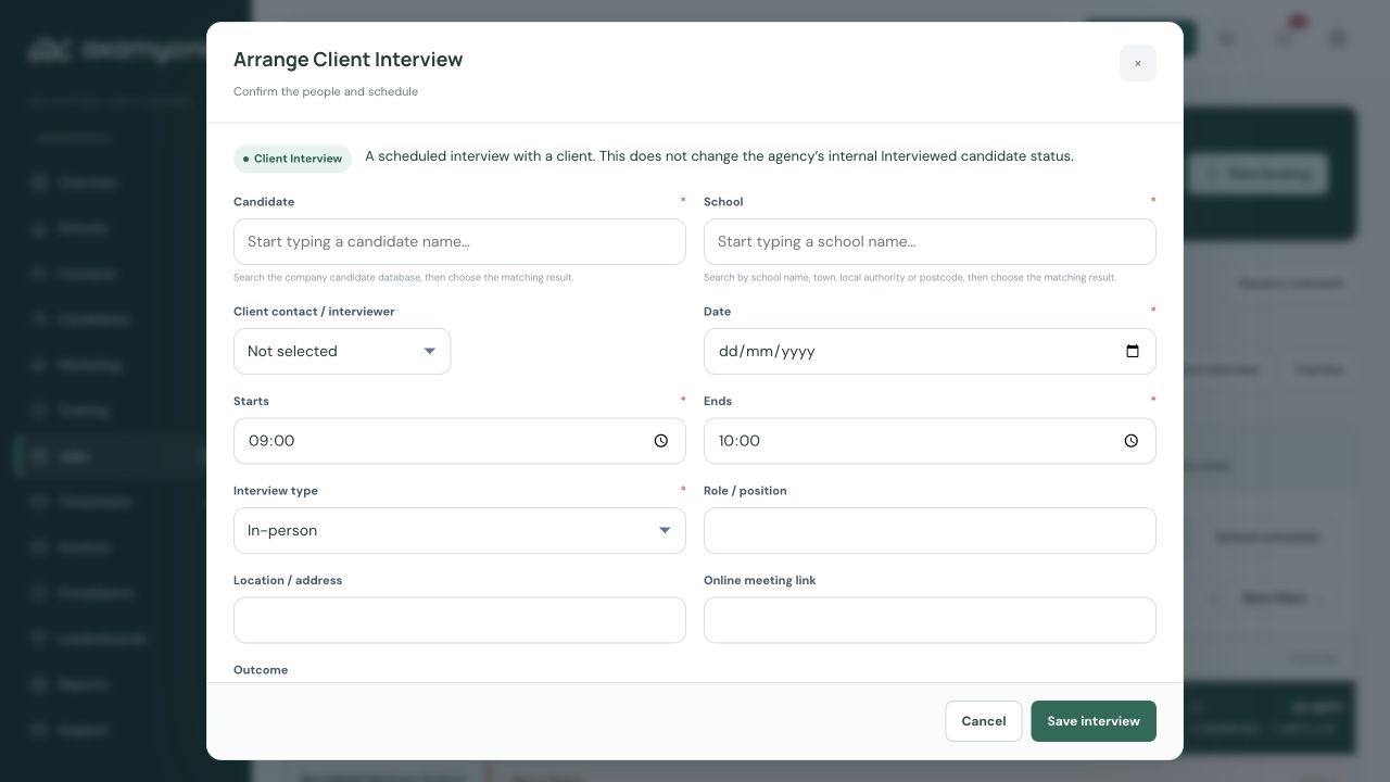 Client Interview details in the fictional education demo