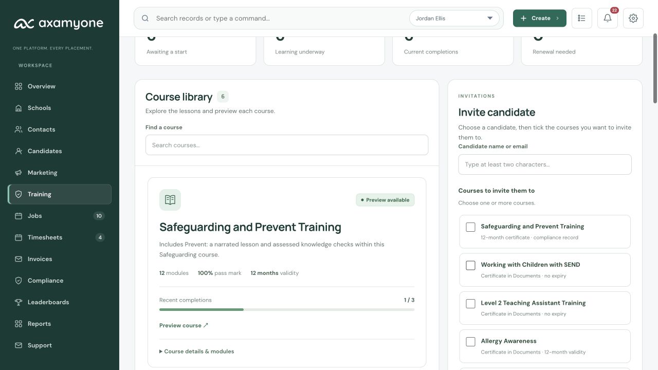 Six-course Training Hub in the fictional education demo