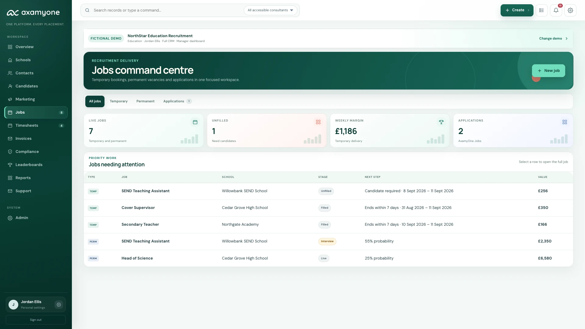 AxamyOne bookings workspace showing recruitment bookings, assigned candidates and booking status