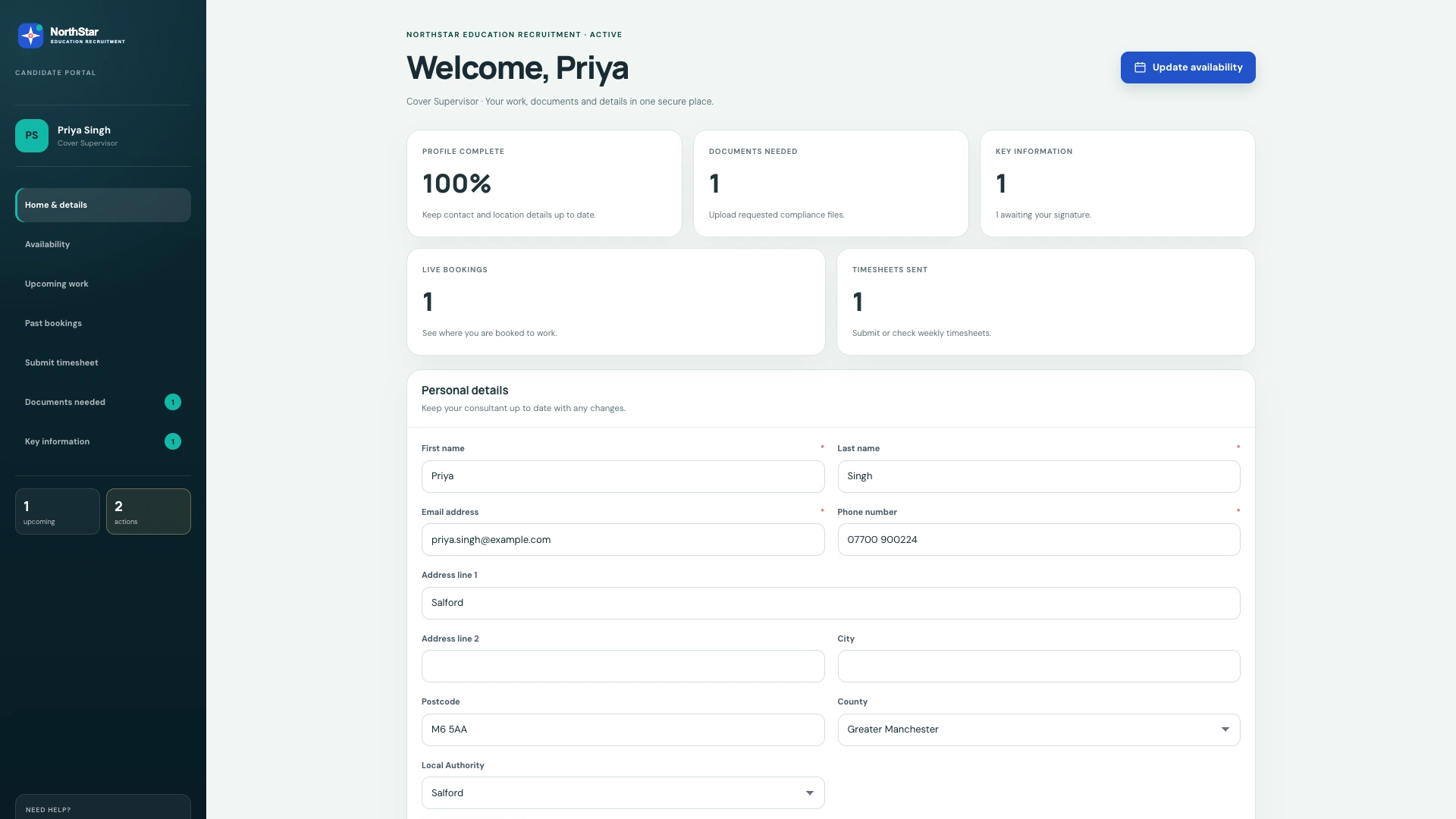 AxamyOne branded candidate portal showing onboarding progress, documents and bookings