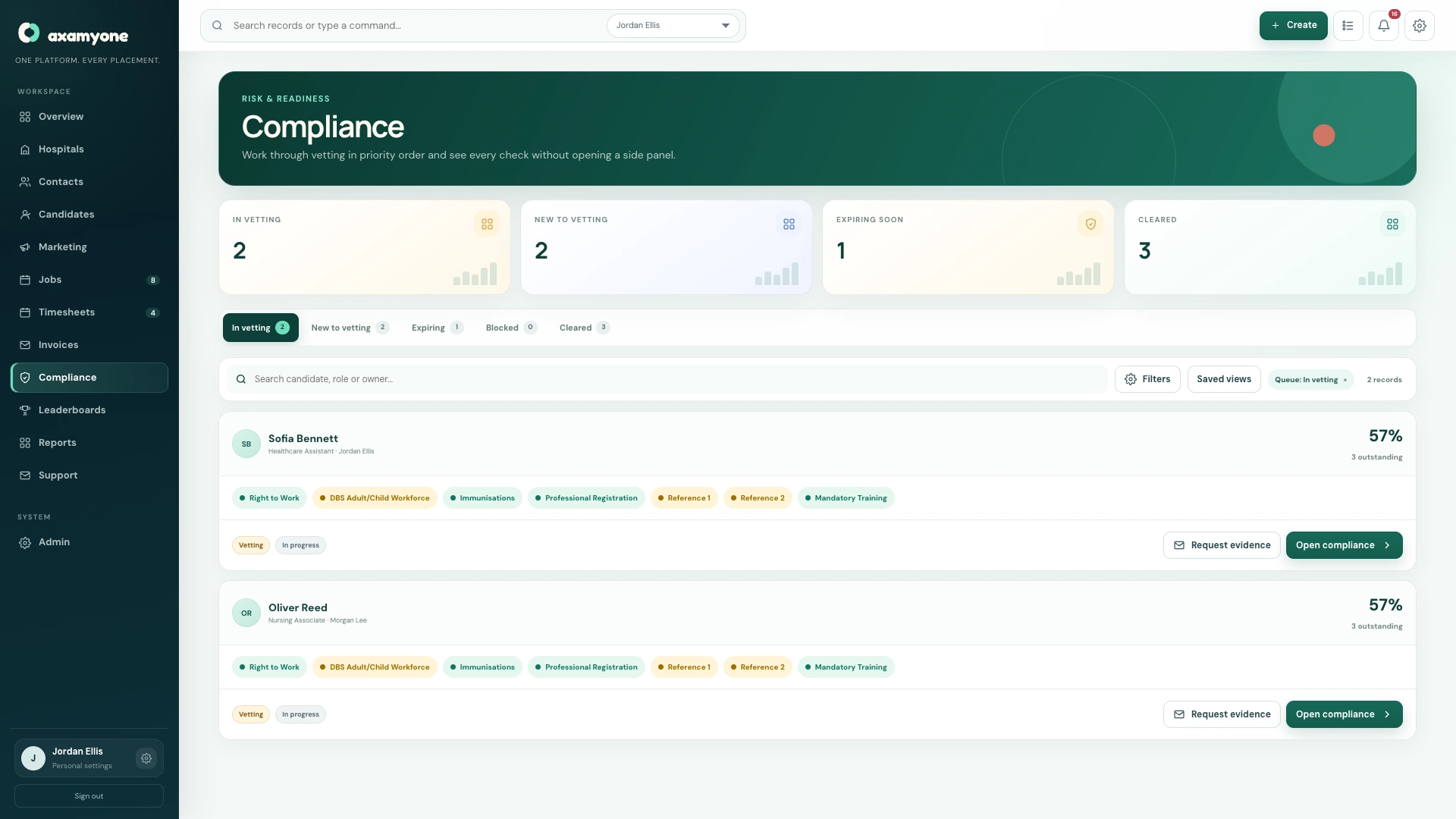 AxamyOne healthcare worker compliance workspace